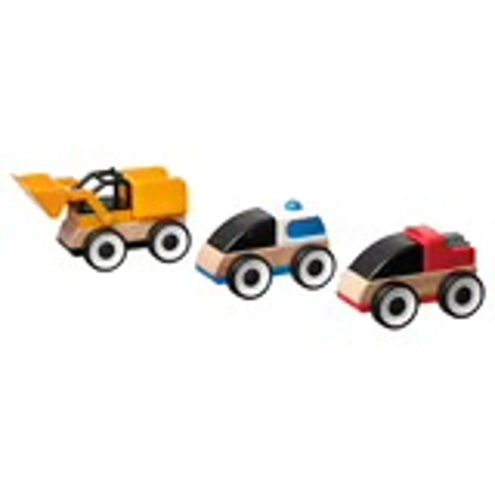 IKEA LILLABO 3-Piece Vehicle Set Excavator Police Car Race Car Multicolor
